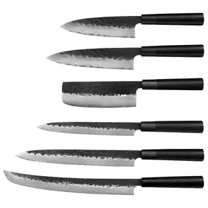 Damascus Japanese Knife Set Series, For Pro Kitchens & Sushi & Sashimi Mastery, 2 / 3 / 4 / 6 Kits Selectable, Midnight Black Hand-Forged Pattern Blade, Flat Grind Precision Edge, Ox Horn Ebony – Pro Chef & Collector Gift | Kajiya Kekouku