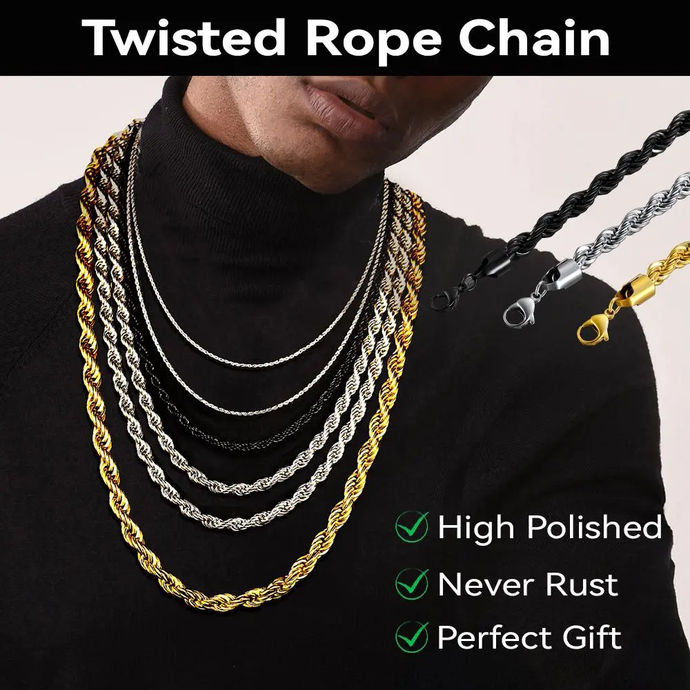 FaithHeart Multi-Width Sets Twisted Rope Chain Necklace - 3MM/6MM/9MM, 18-30 In, Stainless Steel Classic Twist Necklace, Durable Color Coating, Hypoallergenic Unisex Figaro Link, Durable Fashion Accessory for Daily Wear Gift, Necklaces