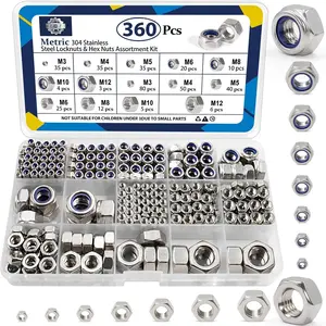 360-Piece Anti-loosening Hex Nut Assortment Set, fits M3, M4, M5, M6, M8, M10, M12 thread sizes. Made of premium 304 stainless steel. The kit includes assorted nylon insert lock nuts and standard thread nylon locking nuts.
