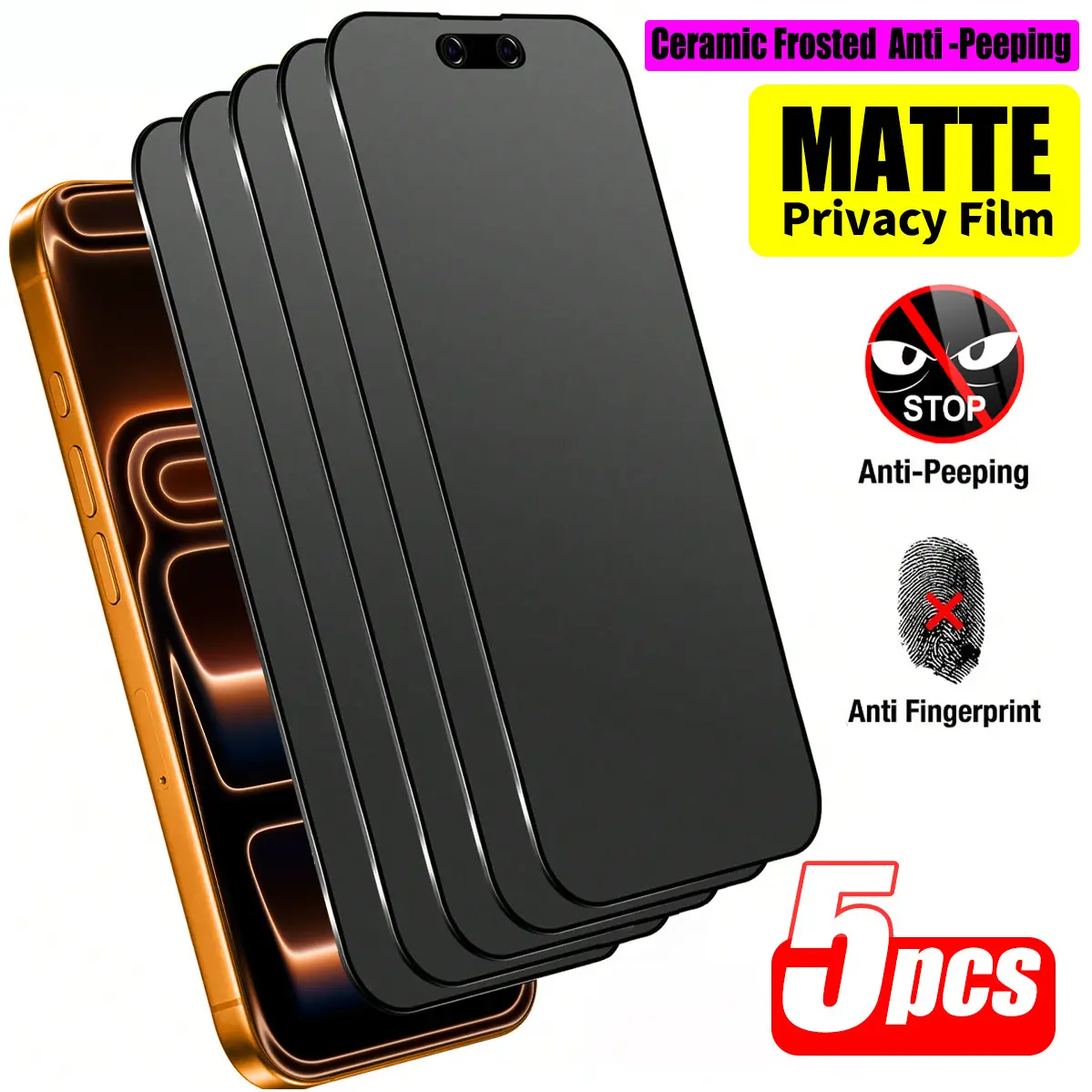 5 Matte Privacy Anti Spy Ceramic Cellphone Screen Protectors, Mobile Phone Accessories, Compatible with iPhone 17 Series, Anti-Fingerprint, Scratch-Resistant