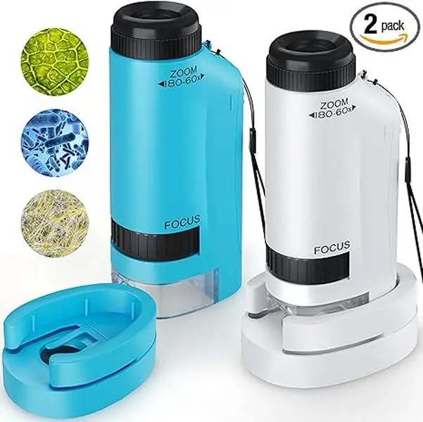 Cordless Portable Kids Microscope for Ages 6+, 60x-180x Adjustable Zoom & Focus Lens, Compact Handheld STEM Science Toy with LED Lights, 12 Slides, Indoor/Outdoor Blue&White Birthday Educational Gift