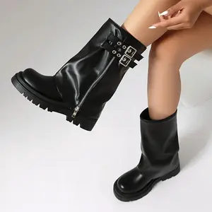 Women's Round Toe Mid Calf Boots Knee High Boots Platform Slouch Fold Over Tall Boots Riding Boots Low Heel Wide Calf Boots Motorcycle boots