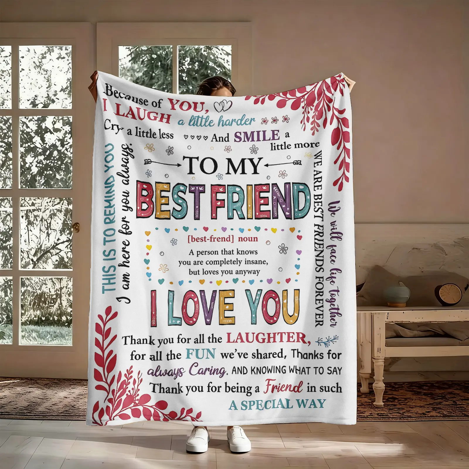 Best Friend Gift Flannel Blanket,  Colorful I Love You Friendship Soft Throw, Because Of You I Laugh Harder Pattern, Cozy Nap Blanket for Home Office Travel, Suitable for Sofa Bed Couch, Gift for Bestie BFF Her, Best Friends Forever Keepsake Decor