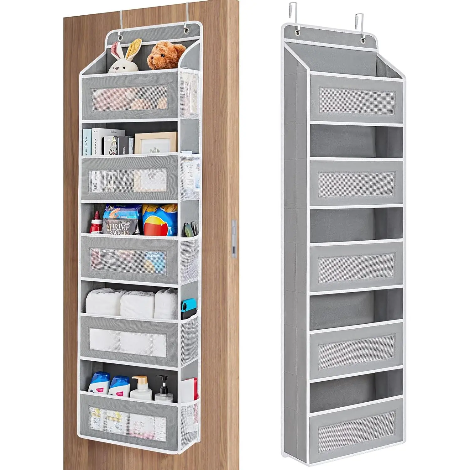 Over the Door Organizer for Bedroom, Pantry, Bathroom, 5 Shelf Grey | Anti-Tilt Design, 44 lb Load Capacity, Hanging Door Organizer with 5 Large Capacity Pockets, Behind Door Storage for Nursery