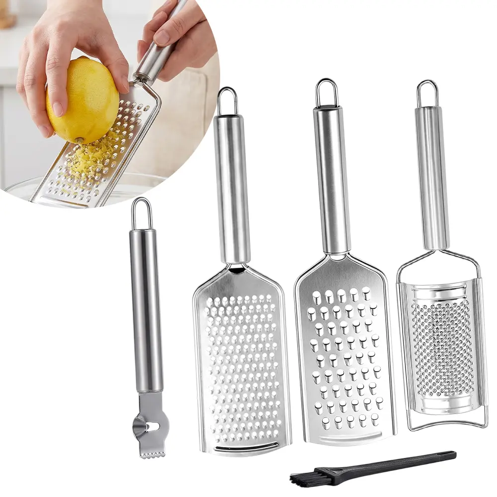 5PCS Stainless Steel Cheese Grater Set, Kitchen Grater & Peeler & Slicer, Lemon Zester with Cleaning Brush for Vegetable, Fruit, Chocolate