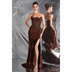 Ladivine CC463 Women's Strapless Sweetheart Fitted Satin Corset Prom Dress - Fashionable, Embellished, Dramatic, Elaborate Formal Evening Dress with Soft Fabric, Ruched Hips, Glitter Accents, Side Slit, Lace-Up Closure, Blue, Prom Dresses, Fashionable Eve