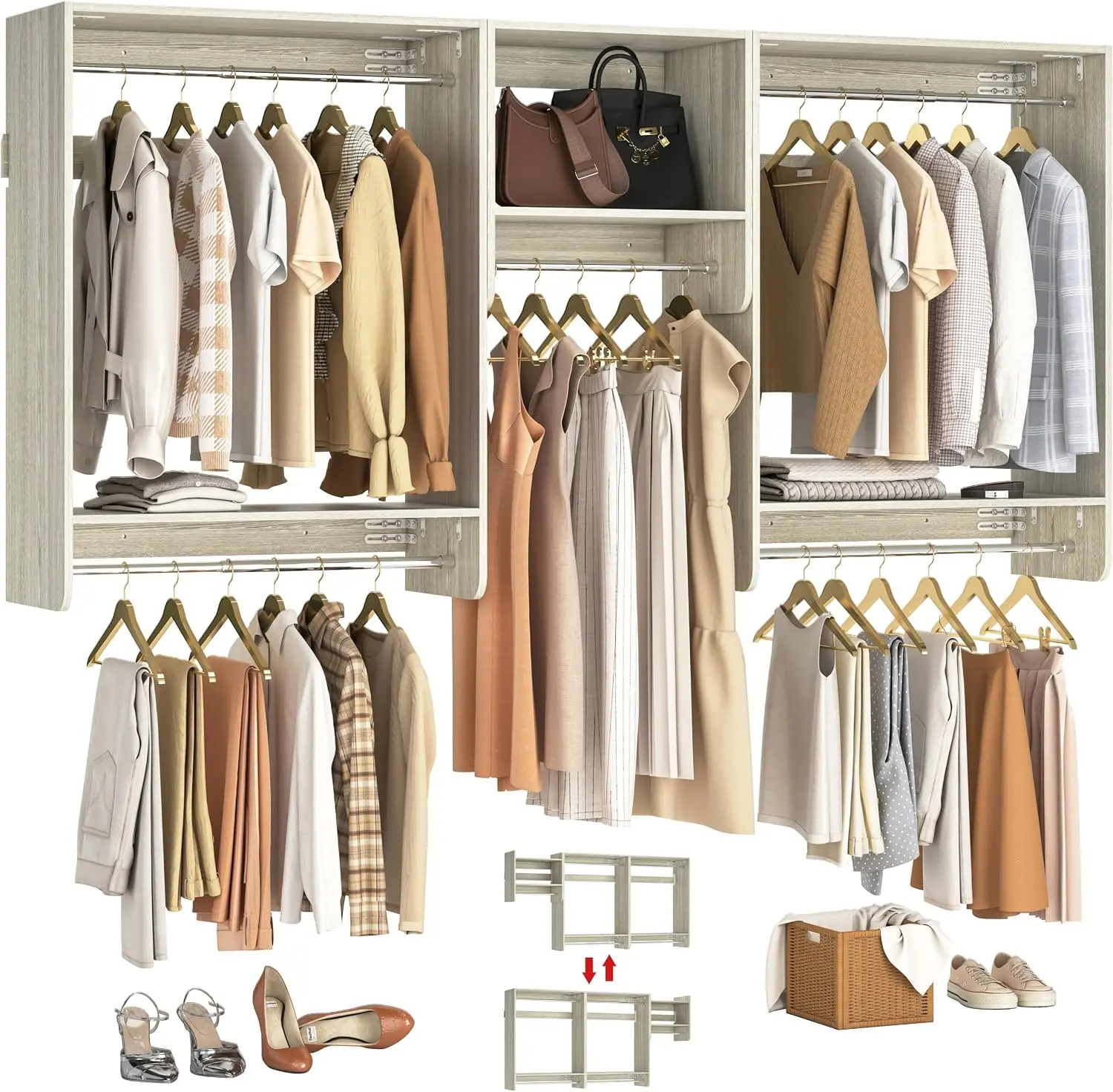 36” - 96” Closet Systems, 8FT Walk in Closet Organizer Starter Kit with 5 Hanging Rod and 3 Shelves, Heavy Duty Reversible Wood Clothing Rack, Cut Be Cut to Fit, Max Load 1200 LBS, Unikito White Oak