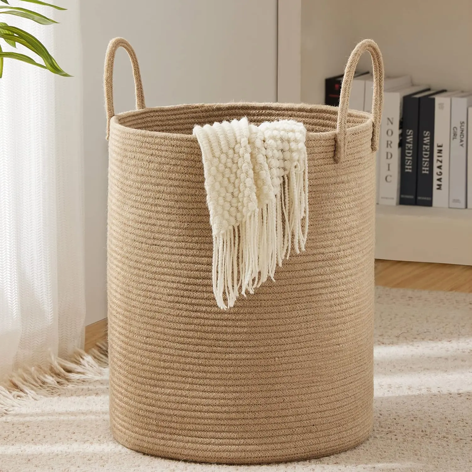 Jute Rope Laundry Hamper Basket, 58L Tall Laundry Basket, Baby Nursery Hamper for Blanket Storage for Bedroom-Large-Jute YOUDENOVA