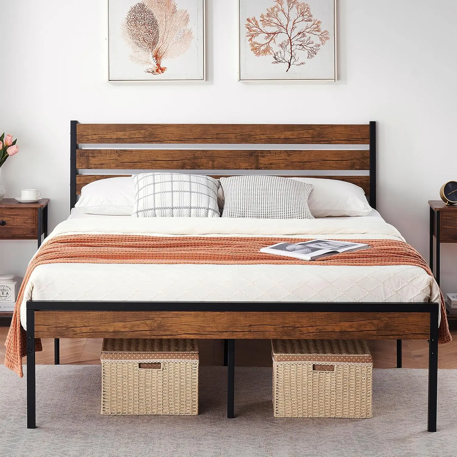 Classic Rustic Brown Wood-Framed Farmhouse Full Size Bed Frame with Bedroom Furniture Headboard, Footboard, Metal Core, Wooden Slats, Simple Installation, No Box Spring Needed, Indoor Bedroom Base Foundation (Assembly Required)