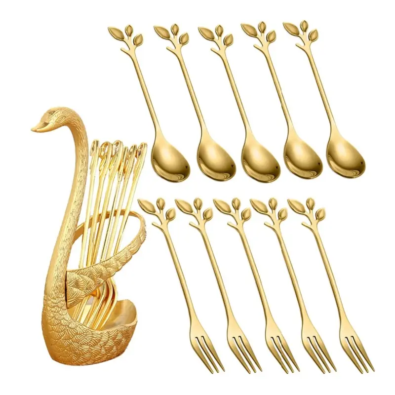 11 piece stainless steel swan shaped spoon and fork set, including 5 spoons, 5 forks, and 1 swan storage rack, suitable for home afternoon tea, dessert tables, coffee shops, or wedding tables, easy to clean