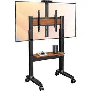 Perlegear Electric Mobile TV Stand on Wheels for 37-86 Inch TVs, Motorized Height Adjustable Rolling TV Stand up to 154 lbs, Fits VESA 200x200-600x400mm, with Wooden Shelf and Back Panel