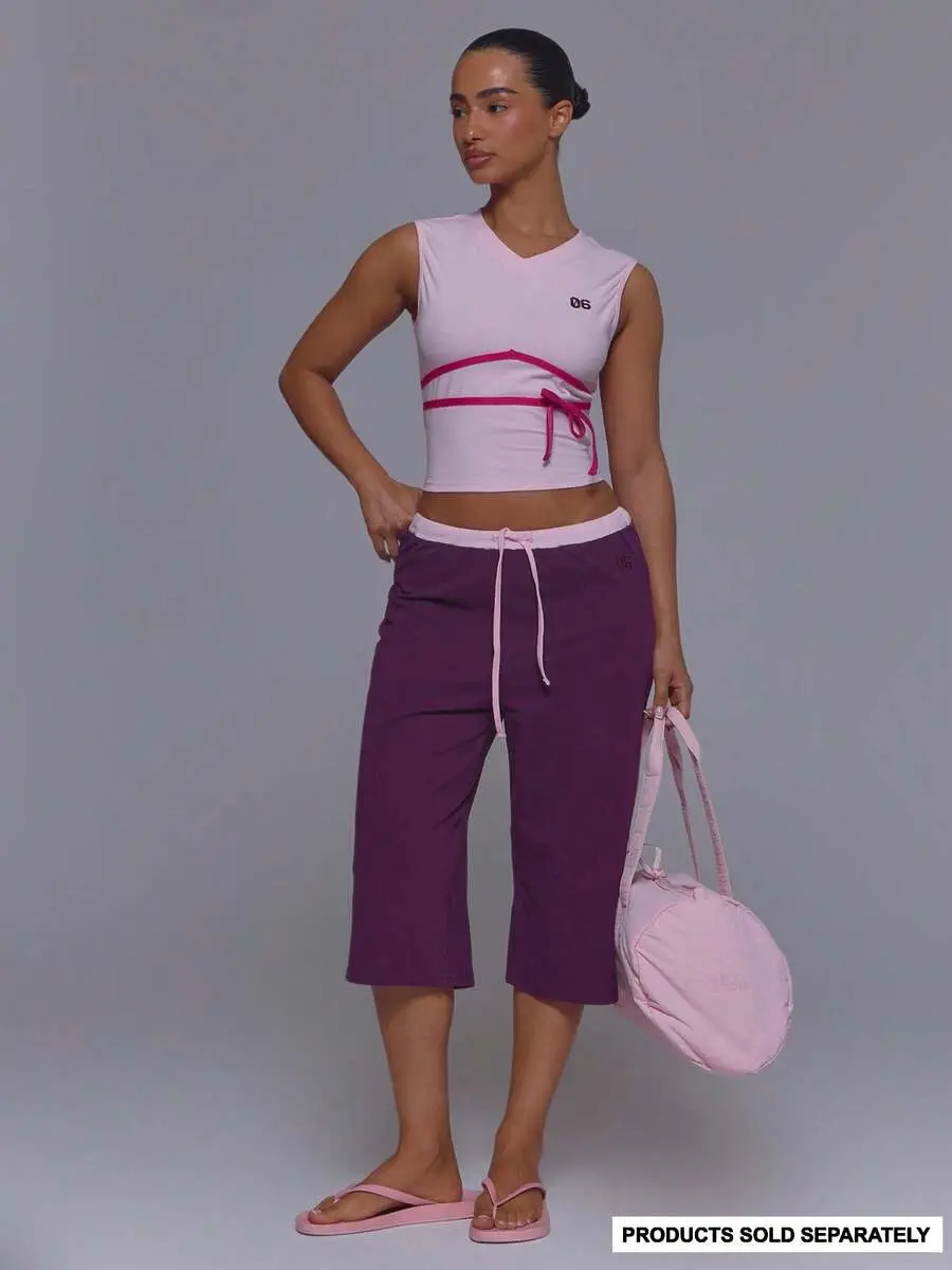 SLAYAURA Purple Contrast Colour Drawstring Waist Cropped Low Rise Wide Leg Capri Pant