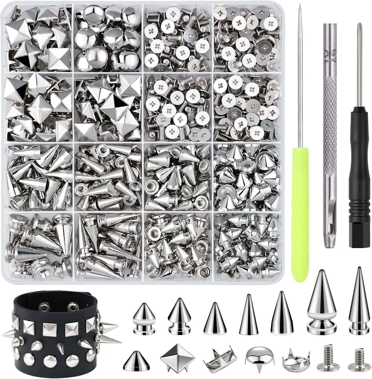630-Pieces Punk Metal Studs & Spikes Leathercraft DIY Kit - 10 Sizes (Cone, Square, Round Dome, Pyramid) with Rivets, Tools for Clothing, Bags, DIY Enthusiasts, Punk Metal Studs & Spikes Kit, Diy Flexibility