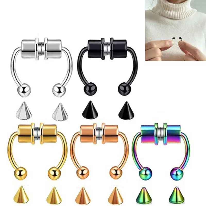 Double ring nose rings for women, no piercing required, stainless steel clip-on rust-proof magnetic septum clip for men and women