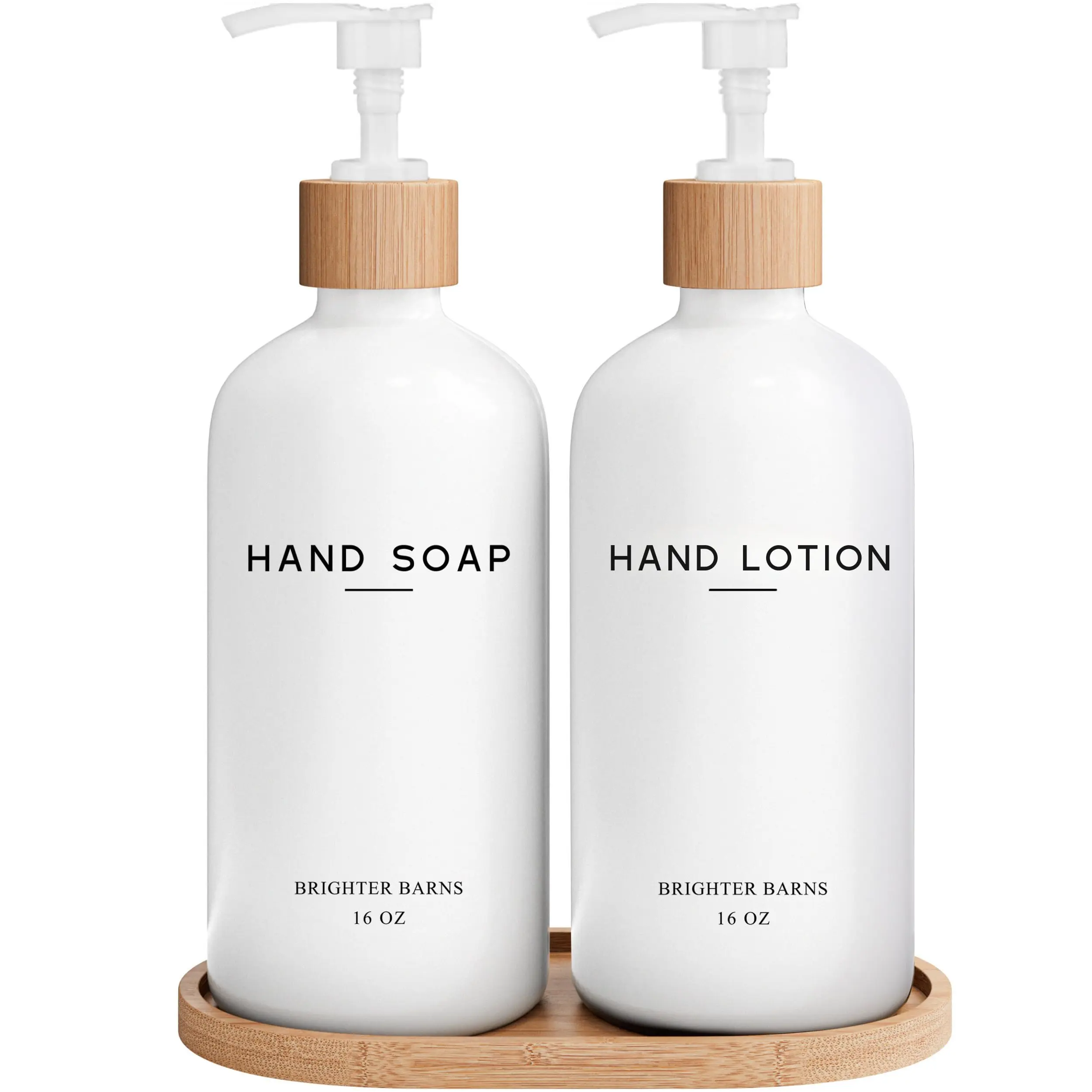 White Glass Soap and Lotion Dispenser Set with Tray by Brighter Barns - Hand Soap Dispenser Bathroom Set - Bamboo Bathroom Soap Dispenser Set - Minimalist Bathroom Accessories, Modern Home Decor