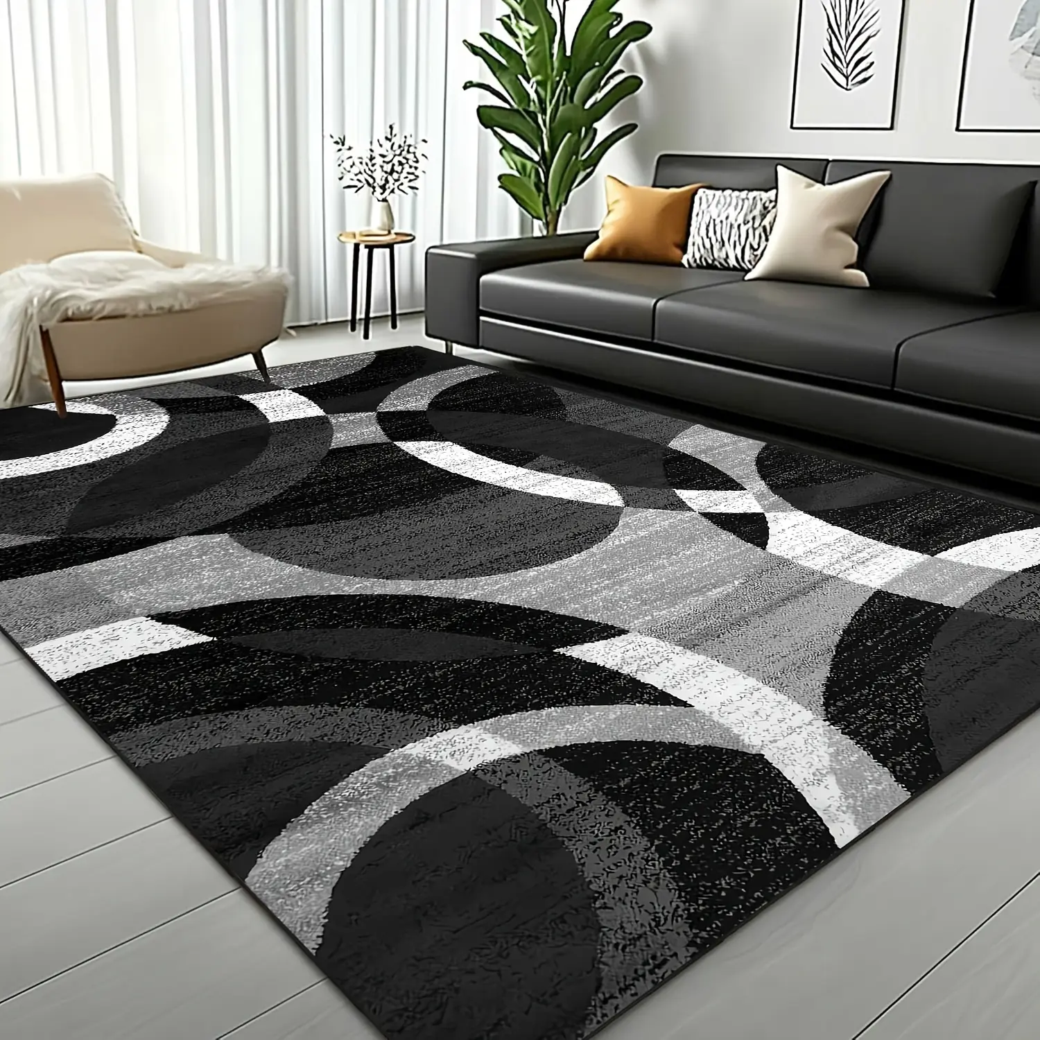 GDNDRM Black, white, and gray patterned outdoor rug; low-pile, large-size rug; stain-resistant and machine-washable; non-slip backing; foldable for storage; suitable for home decor in gardens, poolside areas, living rooms, bedrooms, and more