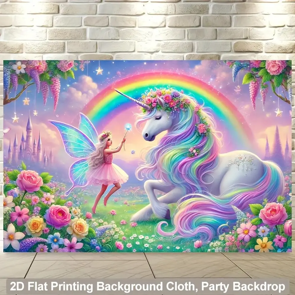1pc Polyester Unicorn Theme 2D Flat Printing Backdrop Banner, Wall Covering Background Cloth for Birthday Parties, Home & Festive Party Supplies Decor