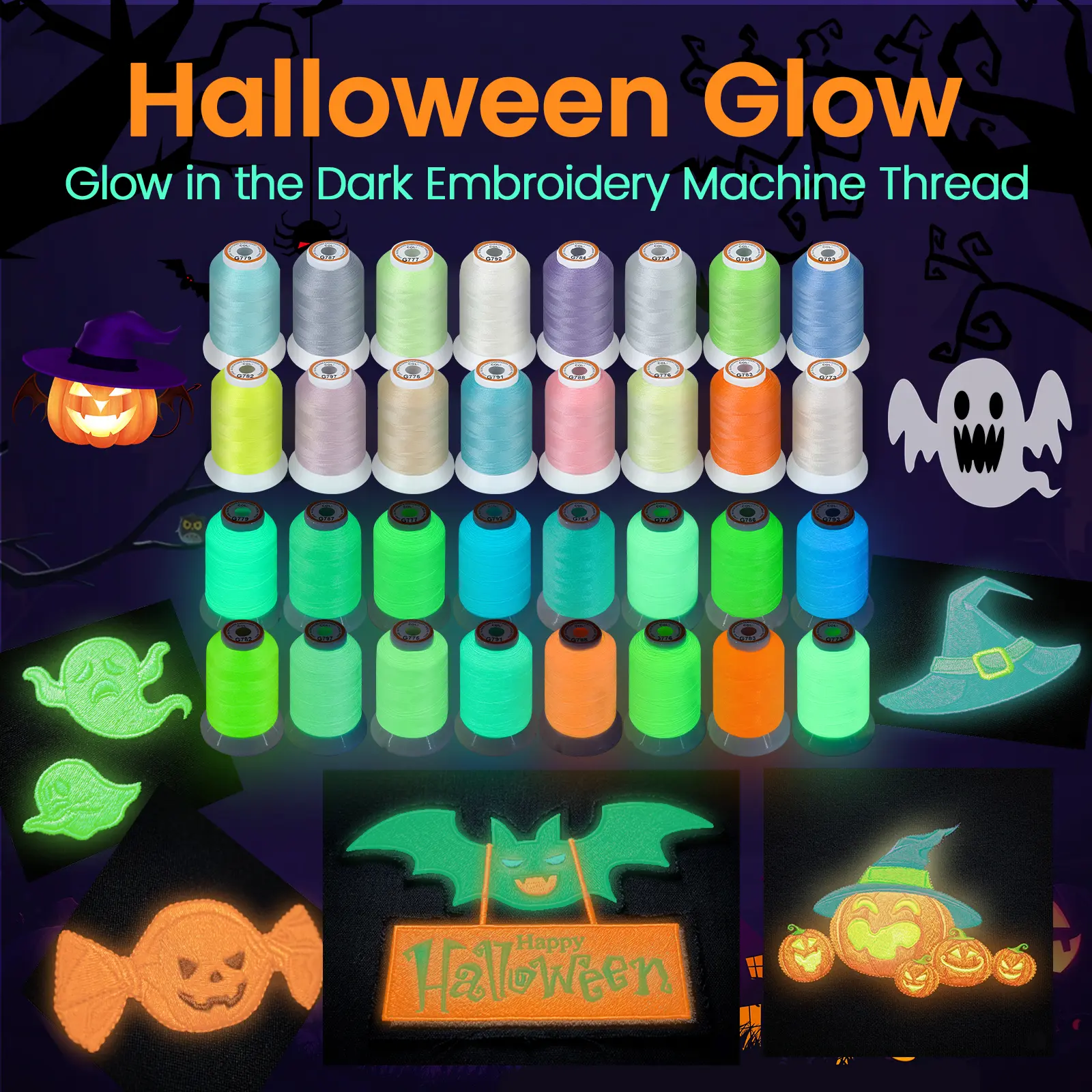 New brothread Glow in The Dark Embroidery Machine Thread Kit 30WT 500M for Clothes Handicraft Toy Cross Stitch Strong Polyester Thread for Halloween Costumes Pastel Colors, Halloween, sohochic, fallpick