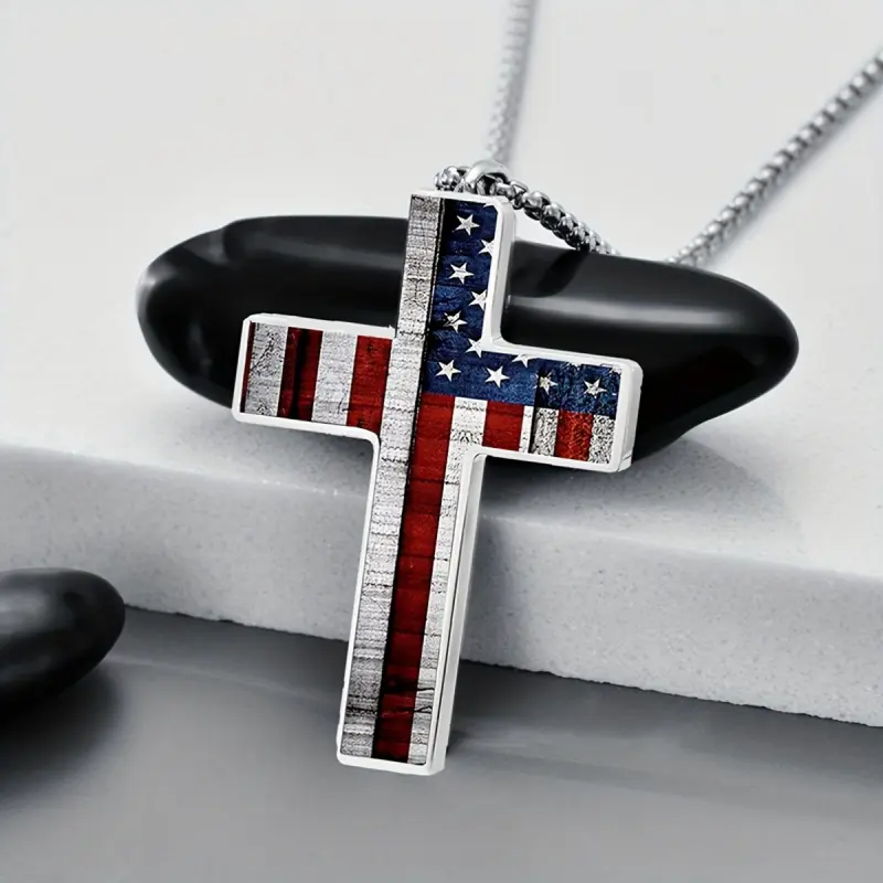 A necklace featuring the American flag, with a patriotic cross inlaid with glass pendant, to showcase American pride, perfect for Independence Day holiday party jewelry and decorations, Cross chain design, Chain Decorated, Cross necklaces