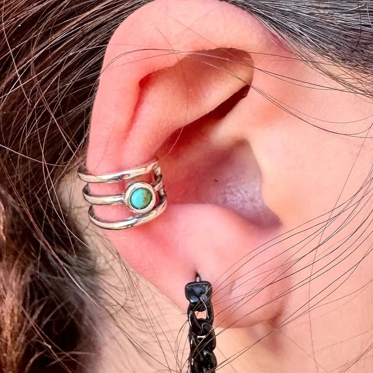 Sterling Silver 3mm Genuine Turquoise Ear Cuff | Wide Conch Band | No-Piercing Earring