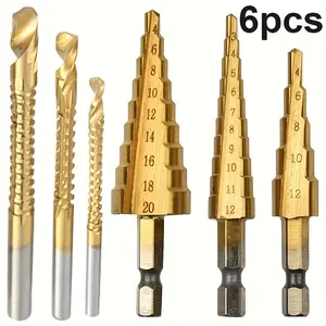 6-Piece Step Drill Bit Set, Titanium Chrome Coated Cast Iron Cutters, 4-20mm, 4-12mm, 3-12mm, 3/6/8mm, for Woodworking & Metal Core Drilling
