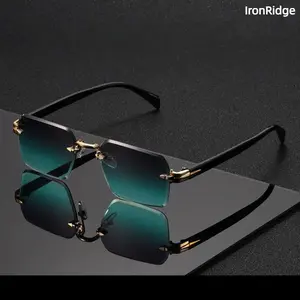 Unisex Rimless Rectangle Cut-Edge Luxury Modern Sunglasses, Metal Frame, Gold-Accent Black Temple, Gradient UV400 Lens, CE Certified, Retro Shades, Cleaning Cloth Included, for Driving, Summer Sports & Outdoor Use