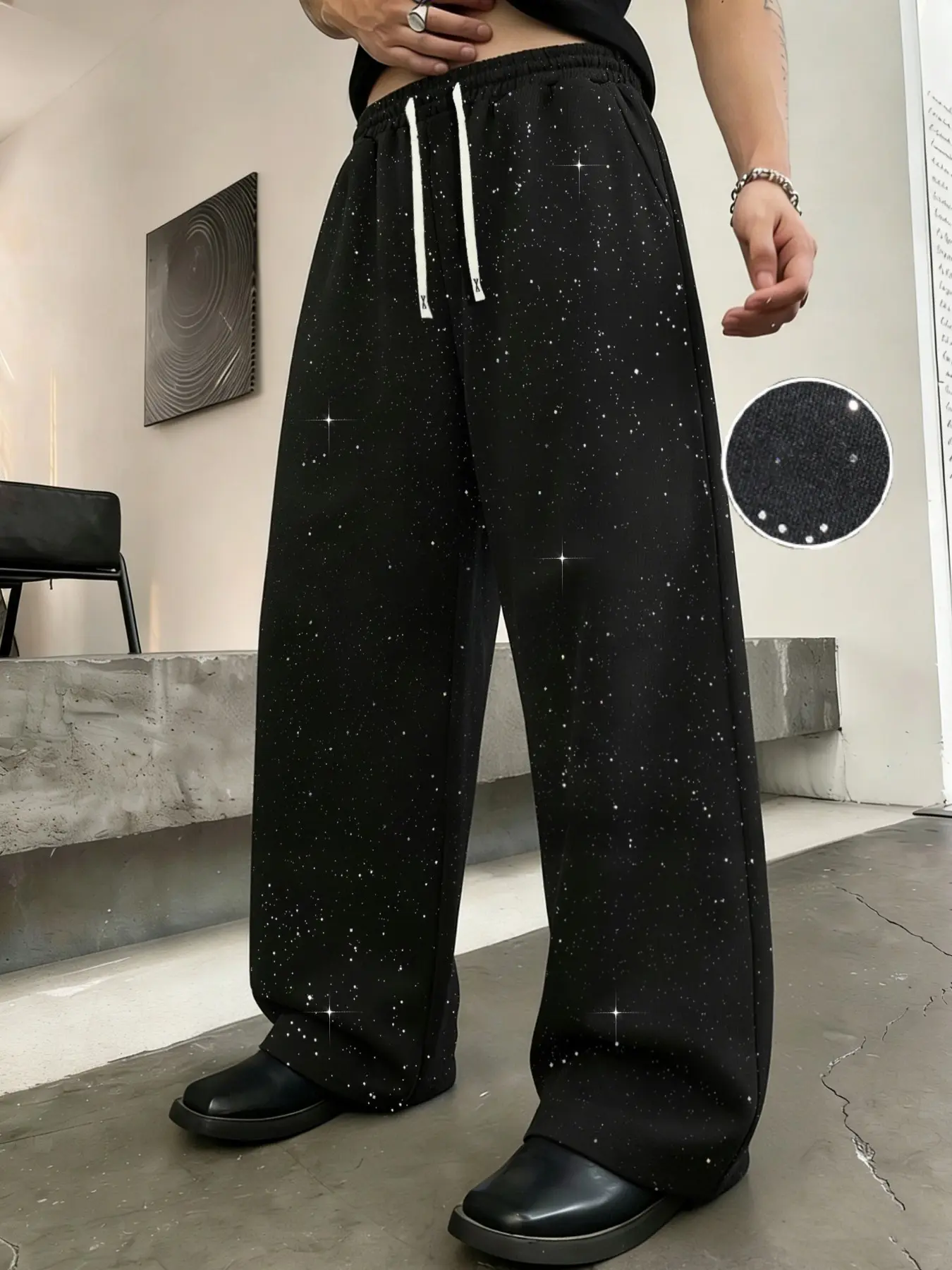 Men's Casual Drawstring Waist Loose Pants, Sparkle Decoration, Wide Leg, Soft Breathable Fabric, Street Style, Streetwear, All Seasons, Casual Fashion Pants, Drawstring Trousers