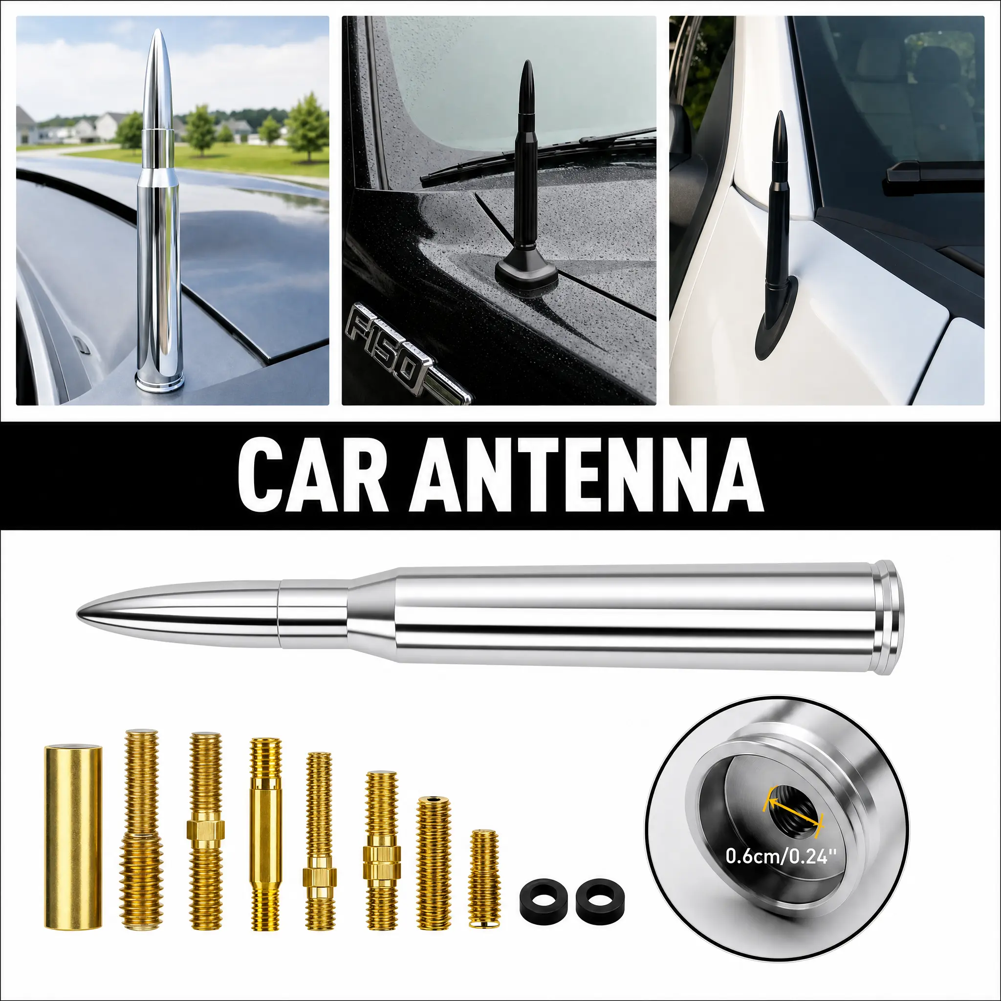 2026 New Short 50 BMG Bullet Style Antenna, Aluminum Alloy Replacement Car Antenna with 10 Adapters for Ford F150 F250 F350 F450 Raptor Ranger Explorer Trucks