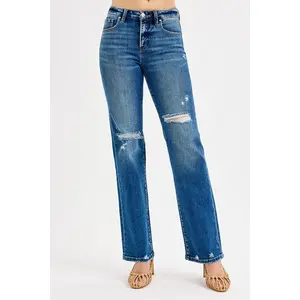 Risen Tummy Control High-Rise Straight-Leg Distressed Dark-Washed Jeans with Pocket