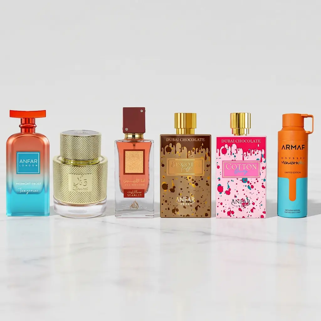Virtual Bundle Anfar Tangerine Midnight Frost EDP 3.4FL.OZ | Lattafa Qaaed Men EDP 3.4FL.OZ | Ana Abiyedh Scarlet EDP 3.4FL.OZ | Biscotti Truffle Dubai Chocolate EDP 2.7FL.OZ | Cotton Candy Extrait 2.7FL.OZ | Mandarin Sky Body Spray 6.8FL.OZ