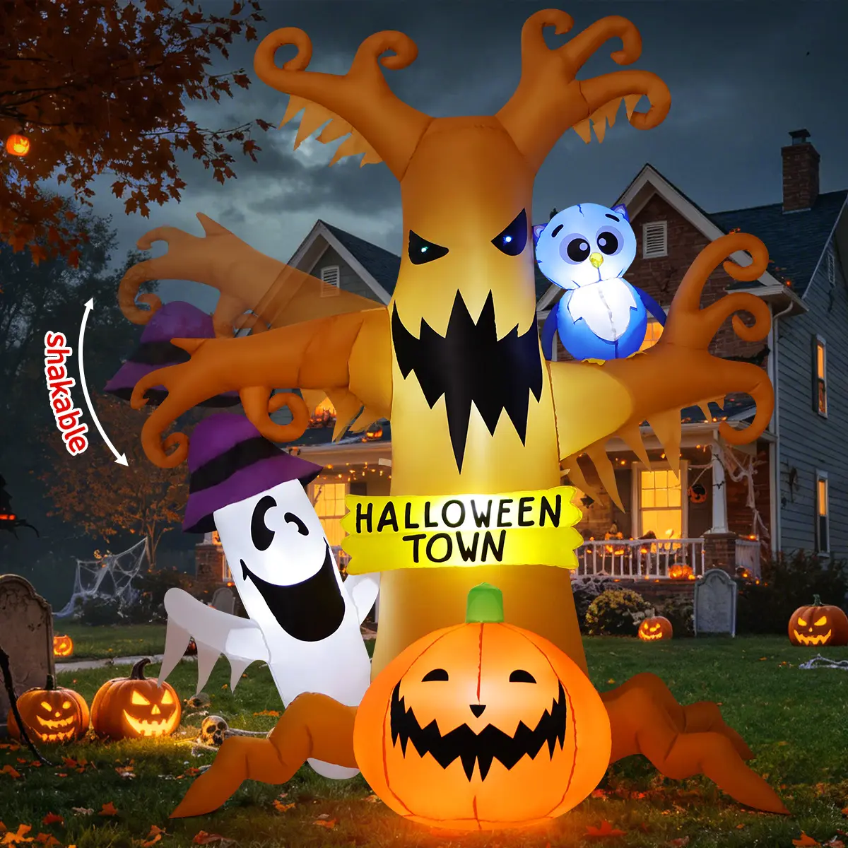 8 FT Holiday Inflatable Waving Dead Tree with Owl, Ghosts, Pumpkins & LED Lights for Halloween and Christmas Outdoor Yard Decor