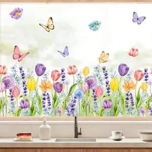Spring Summer Window Clings Tulip Flower Window Decals Watercolor Lavender Floral Butterfly Double-Sided Reusable for Home Shop Glass Display Decoration Party Supplies, 6 Sheets