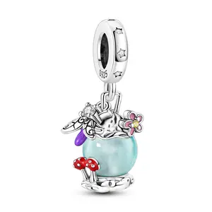 MULA Whimsical Necklace Charm - Silver-Plated Firefly Luminous Oil Lamp Pendant, Color-Changing Beads, Mushroom Bow, Flower Accents, Compatible with Bracelets & Necklaces