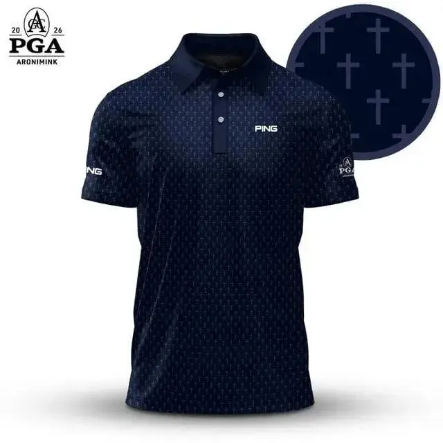 Blue Cross 2026 PGA Inspired Pattern Golf Polo Shirt for Men Lightweight Sport Outfit