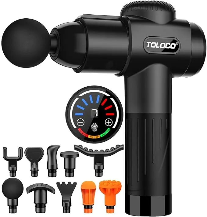 TOLOCO Massage Gun, 10 Replacement Heads, 7 Speeds, Smart Touch Screen, Portable Handheld Deep Muscle Tissue Massager for Neck & Full Body Relaxing #summerwins