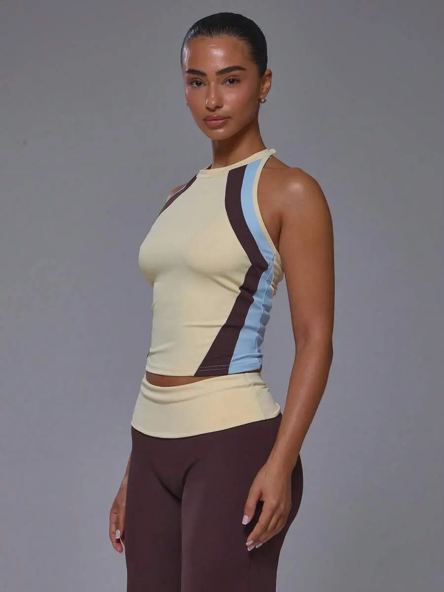 VARSIA Sport Contrast Colour Front Panels Scoop Neck Racer Back Fitted Active Tank Top Coord Top Only Sport Workout Gym Cute Pilates Fitness Daily Butter Yellow