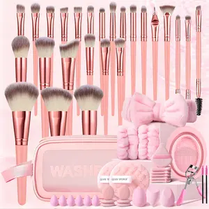 Pink 56-Piece Premium Makeup Brush & Complete Tool Kit, 25Pcs Multi-functional Brushes, Storage Bag, Makeup Sponges, Makeup Puffs, Cleaning Tools, Eye Tools, Hairband & Wristbands, Makeup Tools Set for a Perfect Look