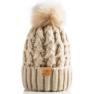 PAGE ONE Women's Winter Ribbed Beanie with Crossed Cap, Chunky Cable Knit Design, Pompom Detail, Soft and Warm Hat for Cold Weather Protection PAGE ONE