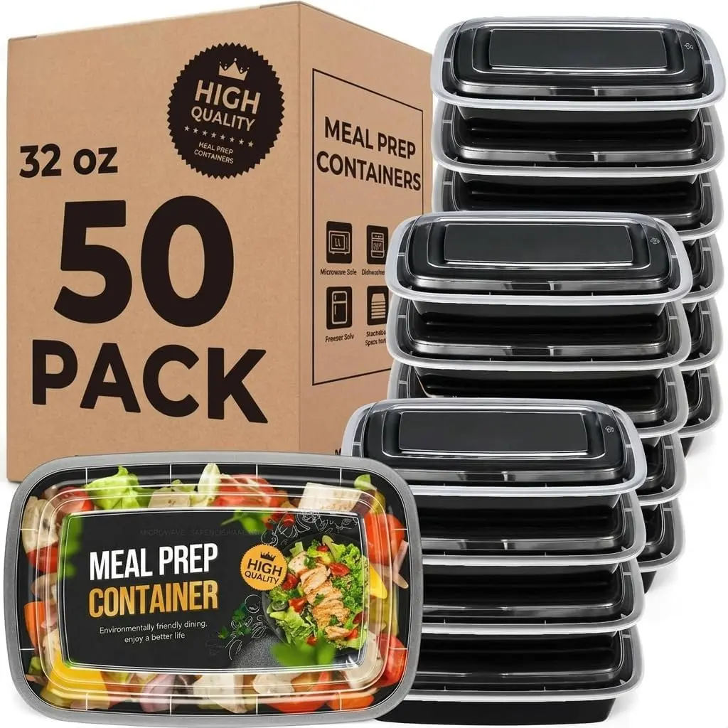 Meal Prep Containers 32oz 50 Pack(100 ) with , 1-compartment Plastic  storage containers , Bento boxes for portion control & takeout, Microwave/freezer/dishwasher safe