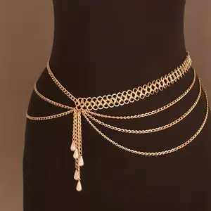 Bohemian Style Gold Geometric Women's Faux Waist Chain Belt - Vintage Style, Adjustable Layered Design, with Beaded Tassels, Perfect for Weddings, Beach Parties, and Bohemian Fashion