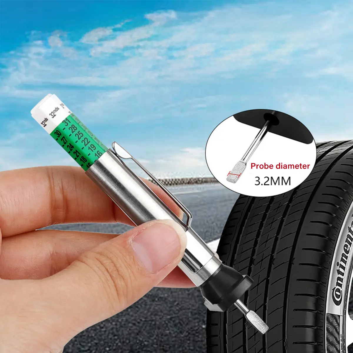 Car Tire Tread Depth Gauge – Color-Coded Dual Scale Display, mm & 32nds, Universal Fit for Sedan SUV Truck, Portable Pocket Size, High Precision Wear-Resistant, Essential Safety Tool for Pre-Trip Inspection