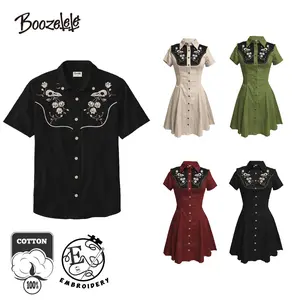 [Embroidery] Boozelele Vintage Embroidery Flower and Raven Skull 100% Cotton Shirt and Dress Multiple Colors,Couples Clothing, Valentine's day Outfit, Gothic Style,Vacation Outfits,Western Style, Shortsleeve, Womenswear, Menswear