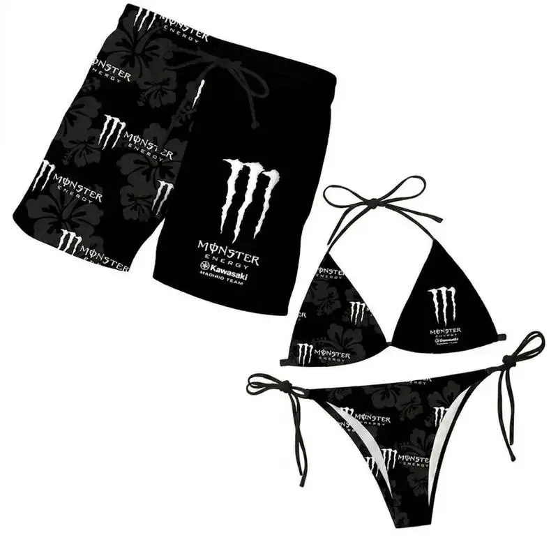 Monster Black White Inspired Swimwear Set - Women's Floral Bikini, Men's Beach Shorts, Tropical Hawaiian Summer Vacation Pool Party Outfit