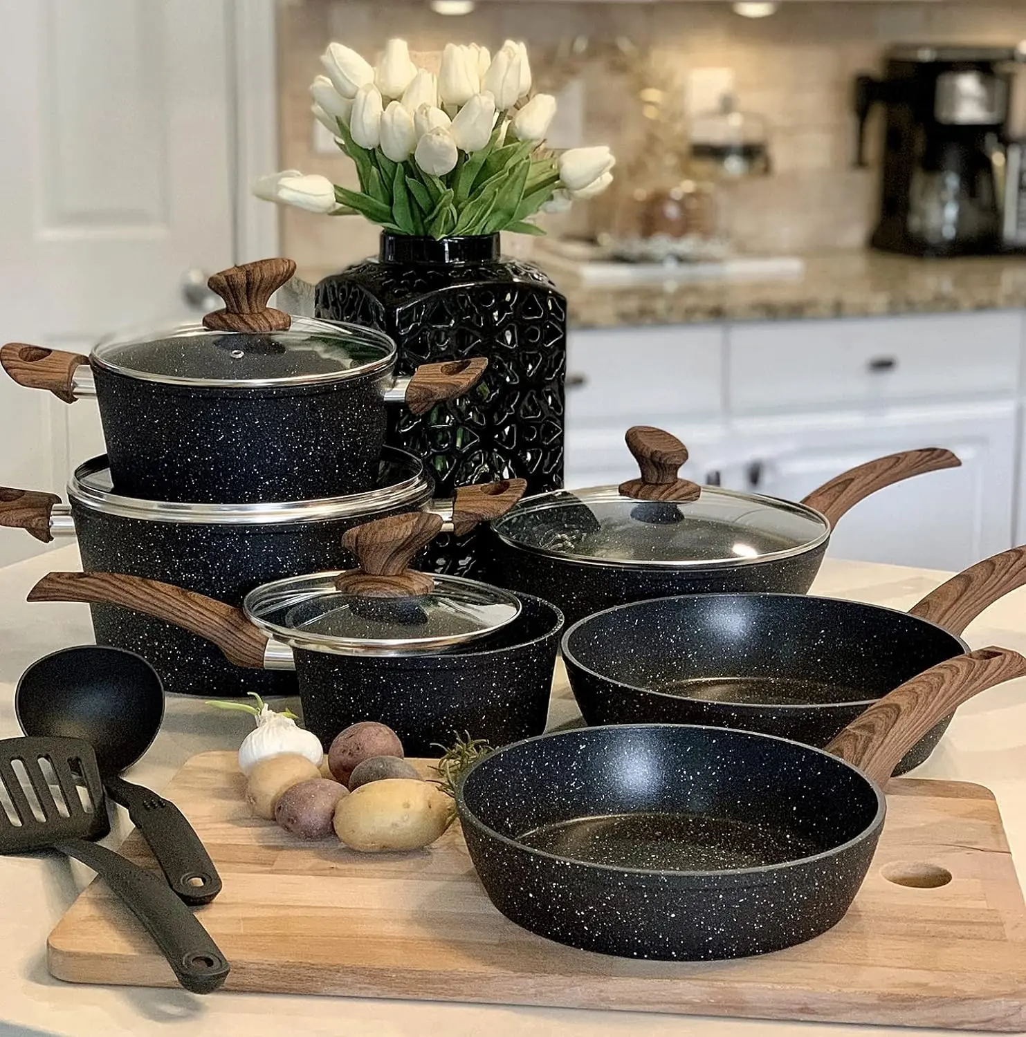 Nonstick Cookware Sets - 12 Piece Kitchen Cooking Pan Set,  Pots and Frying Pans Set with Lids, Saucepans, Steamer Silicone Shovel Spoon, 5Q Casserole, Dishwasher Safe, Granite Black