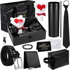 10 Pcs Father Day Gifts Set, Dad Men Gift Basket Box Kit - 16 oz Tumblers Wallet Tie Belt Anniversary Birthday Present for Him Husband Boyfriend(Heart)