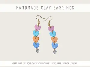 Heart Dangle Earrings with Prism Charm | Handmade Clay Earrings