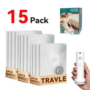 【2026 Upgraded】Cordless Travel Vacuum Storage Compression Bag Set with Rechargeable air Pump 9/15 Pack Waterproof & Reusable Compression Packing Bags for 3 Size,140L/Min Powerful Air Removal，Perfect for Carry-On Suitcases