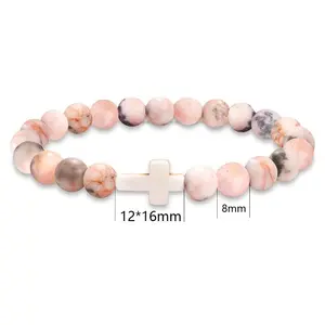 Women's Cross Bracelet with Pink Veined Stone Beads - Elegant Religious Accessory for Daily Style