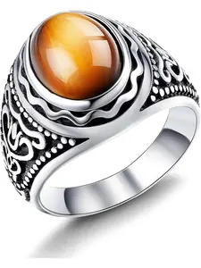 Retro Tiger Eye Stone Mens Rings, Onyx Rings for Men, Stainless Steel Ring, Oval Biker Ring, Mens Jewelry, High Quality Jewelry