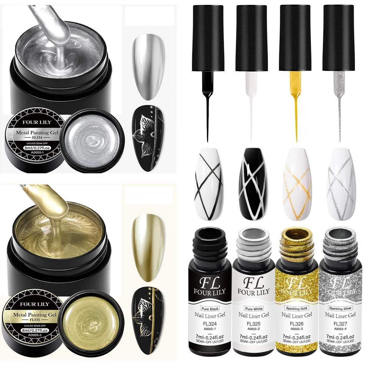 Metallic Mirror Effect Nail Gel, 6 Counts/set Chrome Powder Metal Painting Gel, French Tips Nails Gel & Nail Liner Gel, Semi Permanent Lines French Nail Art Products, Nail Care, Nail Art Supplies